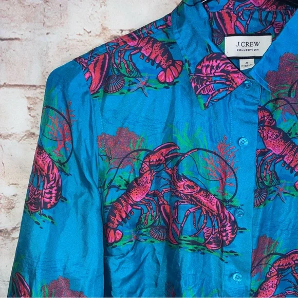 J.Crew Collection Lobster Print Silk Twill Button Down Shirt Size 4 - Picture 2 of 6